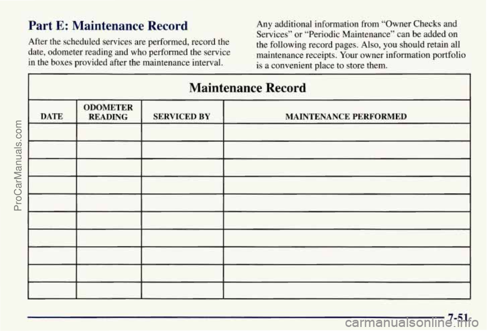 CHEVROLET SUBURBAN 1997  Owners Manual Part E: Maintenance  Record 
After  the scheduled services are performed, record  the 
date, odometer reading and who performed the service 
in  the  boxes provided after the maintenance  interval. An