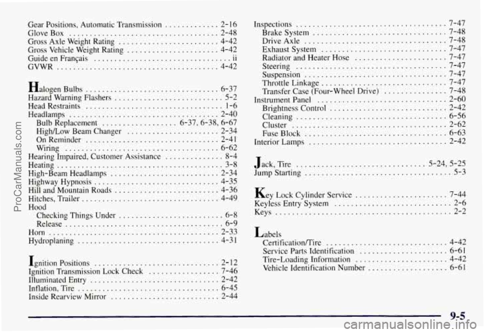 CHEVROLET SUBURBAN 1997 Owners Manual Gear Positions. Automatic Transmission ............. 2- 16
Gross Axle Weight Rating
........................ 4-42
Gross Vehicle Weight Rating
...................... 4-42
Guide en Franqai CHEVROLET SUBURBAN 1997 Owners Manual Gear Positions. Automatic Transmission ............. 2- 16
Gross Axle Weight Rating
........................ 4-42
Gross Vehicle Weight Rating
...................... 4-42
Guide en Franqai