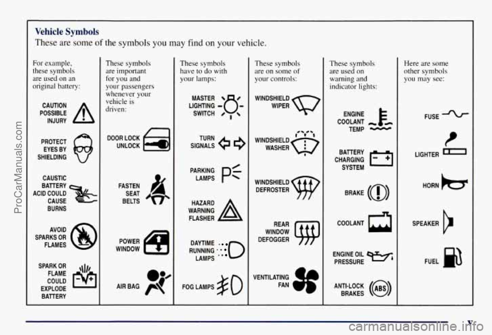 CHEVROLET SUBURBAN 1997  Owners Manual Vehicle Symbols 
These are some of the symbols you may find on your vehicle. 
For  example, 
these  symbols 
are  used  on  an 
original  battery: 
POSSIBLE A 
CAUTION 
INJURY 
PROTECT  EYES  BY 
SHIE