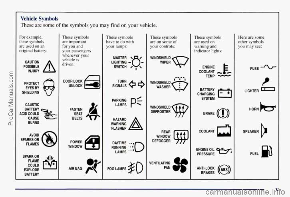 CHEVROLET SUBURBAN 1997 Owners Manual Vehicle Symbols
These are some of the symbols you may find on your vehicle.
For example,
these symbols
are used on an
original battery:
POSSIBLE A
CAUTION
INJURY
PROTECT EYES BY
SHIE CHEVROLET SUBURBAN 1997 Owners Manual Vehicle Symbols
These are some of the symbols you may find on your vehicle.
For example,
these symbols
are used on an
original battery:
POSSIBLE A
CAUTION
INJURY
PROTECT EYES BY
SHIE