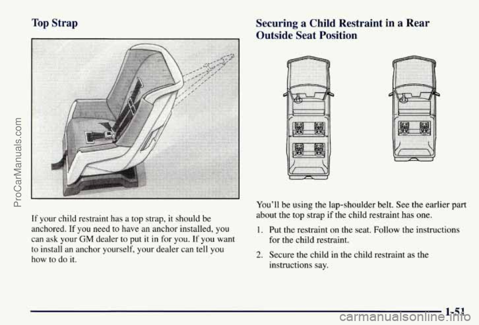 CHEVROLET SUBURBAN 1997 Workshop Manual Top  Strap 
If your child restraint  has a top  strap,  it should  be 
anchored. 
If you  need  to have an anchor installed,  you 
can  ask  your 
GM dealer  to put  it in  for you. If you  want 
to  