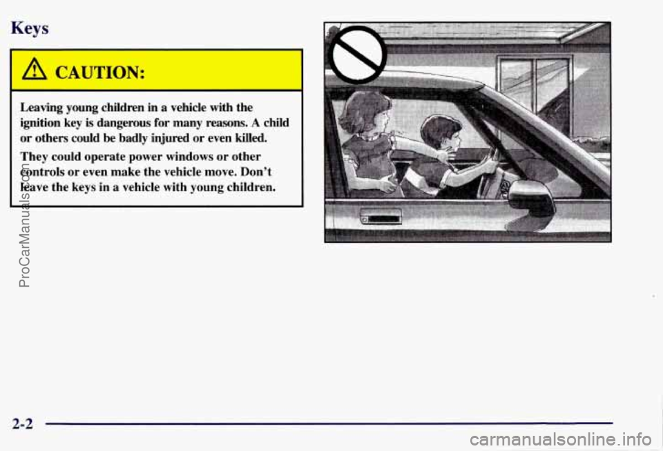 CHEVROLET SUBURBAN 1997 Manual PDF Keys 
I 
A CAUTION: 
Leaving  young  children in a vehicle  with  the 
ignition  key  is  dangerous  for  many  reasons. 
A child 
or  others  could  be  badly  injured  or  even 
killed. 
They  could