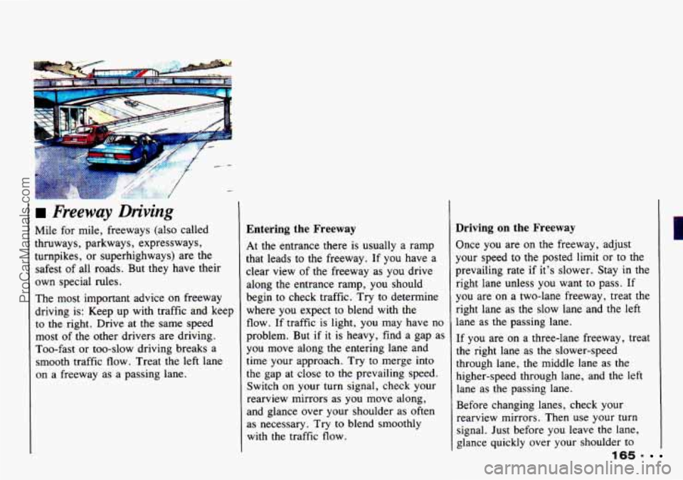 CHEVROLET TRACKER 1993 Owners Manual Freeway Driving
Mile for mile, freeways (also called
thruways, parkways, expressways,
turnpikes, or superhighways) are the
safest
of all roads. But they have their
own special rules.
T CHEVROLET TRACKER 1993 Owners Manual Freeway Driving
Mile for mile, freeways (also called
thruways, parkways, expressways,
turnpikes, or superhighways) are the
safest
of all roads. But they have their
own special rules.
T