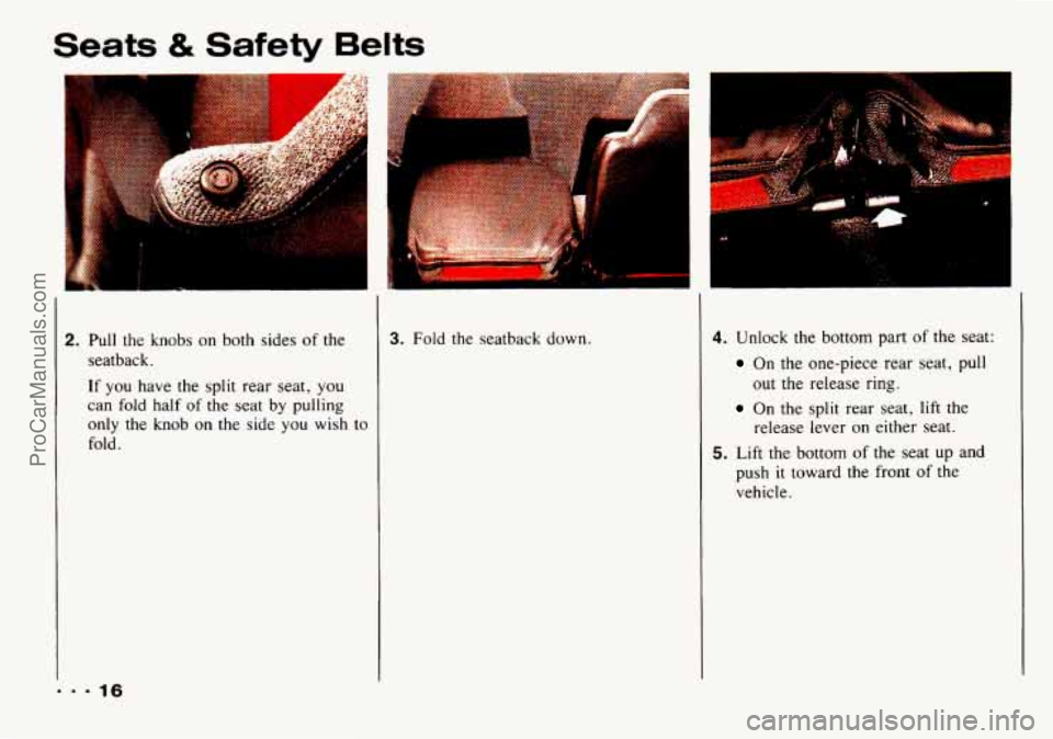 CHEVROLET TRACKER 1993 User Guide Seats & Safety Belts
2. Pull the knobs on both sides of the
seatback.
If you have the split rear seat, you
can fold half
of the seat by pulling
only the knob
on the side you wish CHEVROLET TRACKER 1993 User Guide Seats & Safety Belts
2. Pull the knobs on both sides of the
seatback.
If you have the split rear seat, you
can fold half
of the seat by pulling
only the knob
on the side you wish
