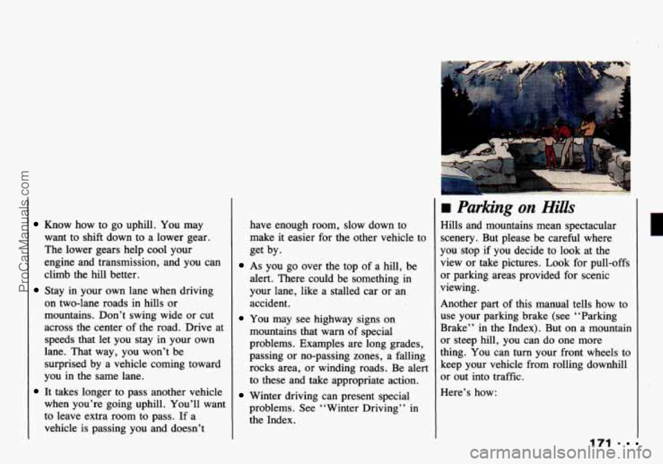 CHEVROLET TRACKER 1993 Owners Manual Know how to go uphill. You may
want to shift down to a lower gear.
The lower gears help cool your
engine and transmission, and you can
climb
the hill better.
Stay in your own CHEVROLET TRACKER 1993 Owners Manual Know how to go uphill. You may
want to shift down to a lower gear.
The lower gears help cool your
engine and transmission, and you can
climb
the hill better.
Stay in your own