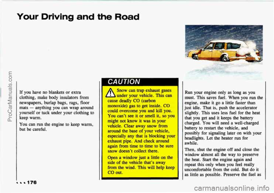 CHEVROLET TRACKER 1993  Owners Manual Your Driving  and the Road 
.._ 
176 
If  you  have  no  blankets or extra 
clothing,  make  body  insulators  from 
newspapers,  burlap  bags, rags, floor 
mats 
- anything  you  can  wrap around 
yo