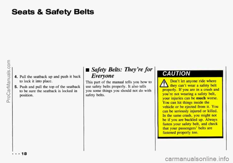 CHEVROLET TRACKER 1993 User Guide Seats & Safety Belts
4. Pull the seatback up and push it back
to lock it into place.
5. Push and pull the top of the seatback
to be sure
the seatback is locked in
position.
Safety Bel CHEVROLET TRACKER 1993 User Guide Seats & Safety Belts
4. Pull the seatback up and push it back
to lock it into place.
5. Push and pull the top of the seatback
to be sure
the seatback is locked in
position.
Safety Bel
