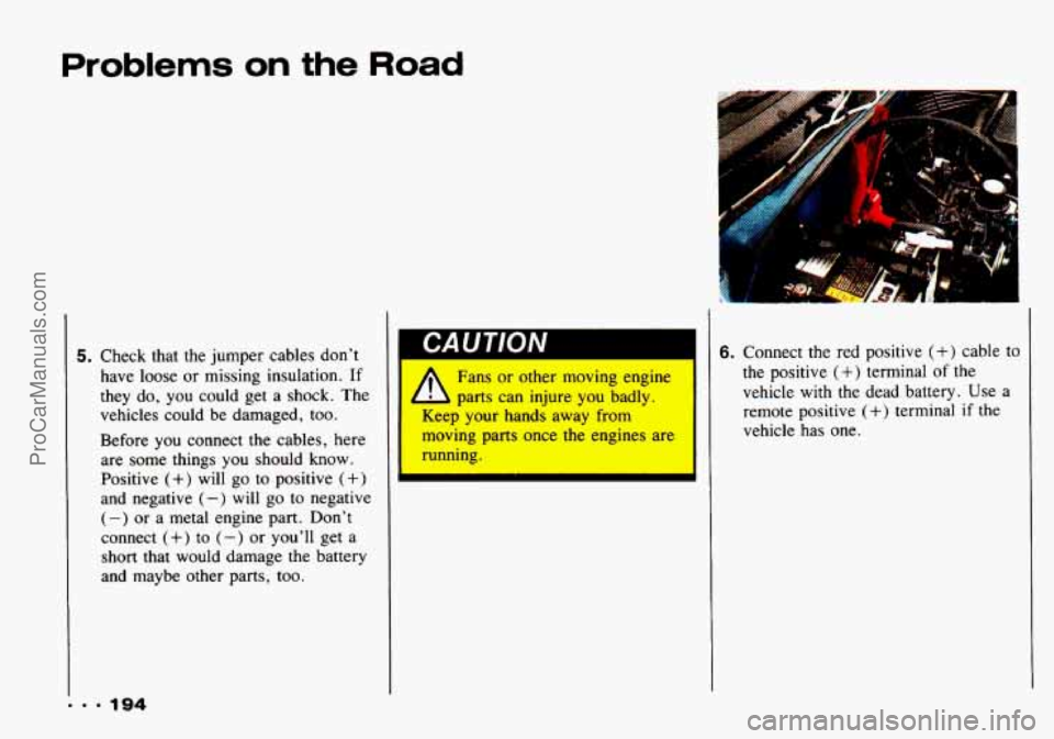 CHEVROLET TRACKER 1993 Owners Manual Problems on the Road
5. Check that the jumper cables don’t
have loose or missing insulation.
If
they do, you could get a shock. The
vehicles could be damaged, too.
Before you co CHEVROLET TRACKER 1993 Owners Manual Problems on the Road
5. Check that the jumper cables don’t
have loose or missing insulation.
If
they do, you could get a shock. The
vehicles could be damaged, too.
Before you co