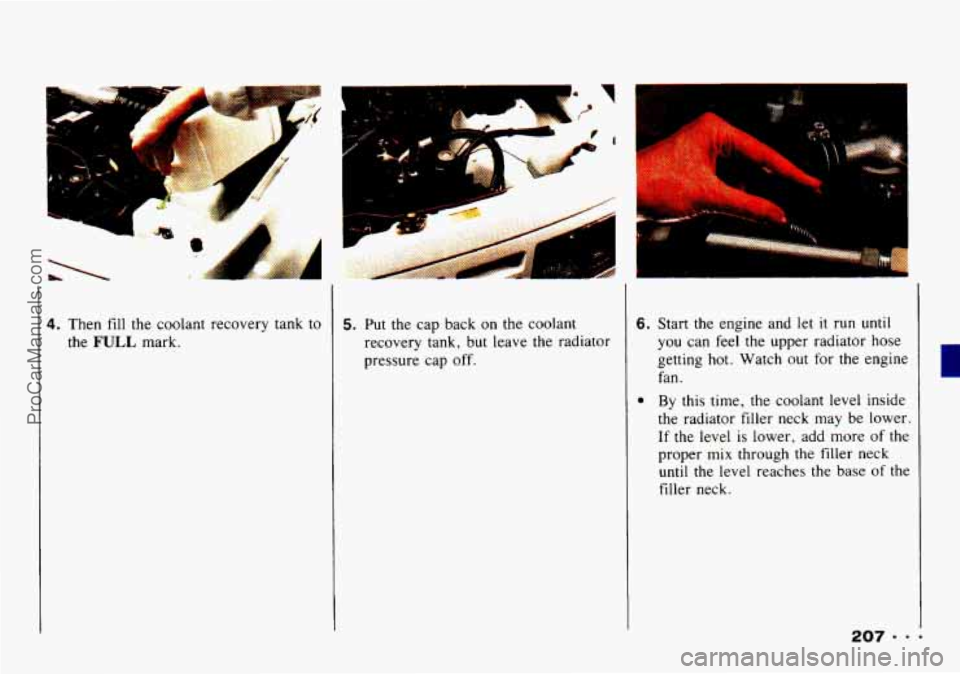 CHEVROLET TRACKER 1993 Owners Manual 4. Then fill the coolant recovery tank to
the
FULL mark.
5. Put the cap back on the coolant
recovery tank, but leave the radiator
pressure cap
off.
6. Start the engine and let i CHEVROLET TRACKER 1993 Owners Manual 4. Then fill the coolant recovery tank to
the
FULL mark.
5. Put the cap back on the coolant
recovery tank, but leave the radiator
pressure cap
off.
6. Start the engine and let i