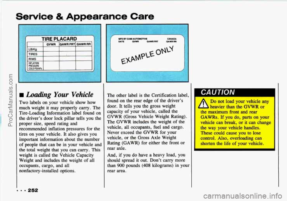 CHEVROLET TRACKER 1993  Owners Manual Service & Appearance  Care 
Loading Your Vehicle 
Two labels  on  your  vehicle show  how 
much  weight 
it may  properly  carry. The 
Tire-Loading  Information label  found  on 
the driver’s door  