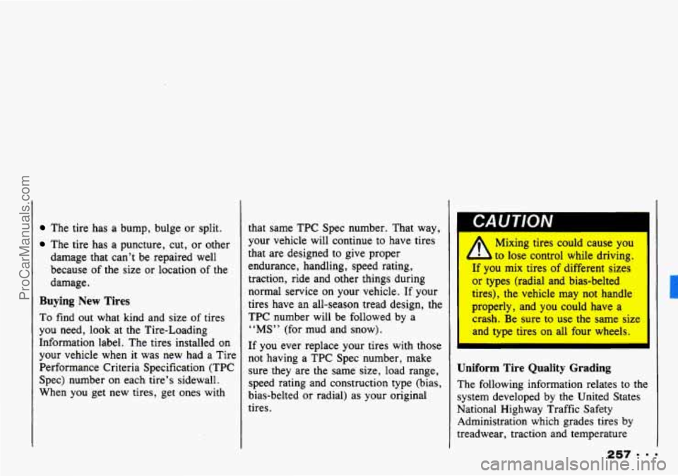 CHEVROLET TRACKER 1993  Owners Manual The tire has a  bump,  bulge  or split. 
The  tire has a  puncture,  cut, or other 
damage that  can’t be  repaired  well 
because  of the  size  or location  of the 
damage. 
Buying New Tires 
To  