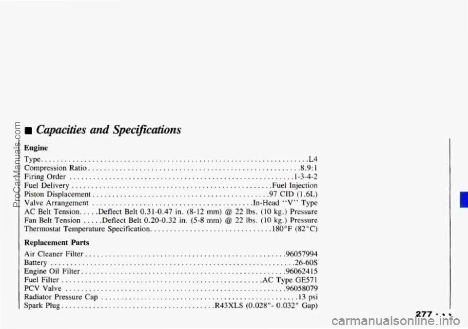CHEVROLET TRACKER 1993 Owners Manual Capacities and Specifictu?ons
Engine
Type ....................................................................L4
Compression Ratio. . . . . . . . . . . . . . . . . . . . . . . . . . . . . . . . . CHEVROLET TRACKER 1993 Owners Manual Capacities and Specifictu?ons
Engine
Type ....................................................................L4
Compression Ratio. . . . . . . . . . . . . . . . . . . . . . . . . . . . . . . . .
