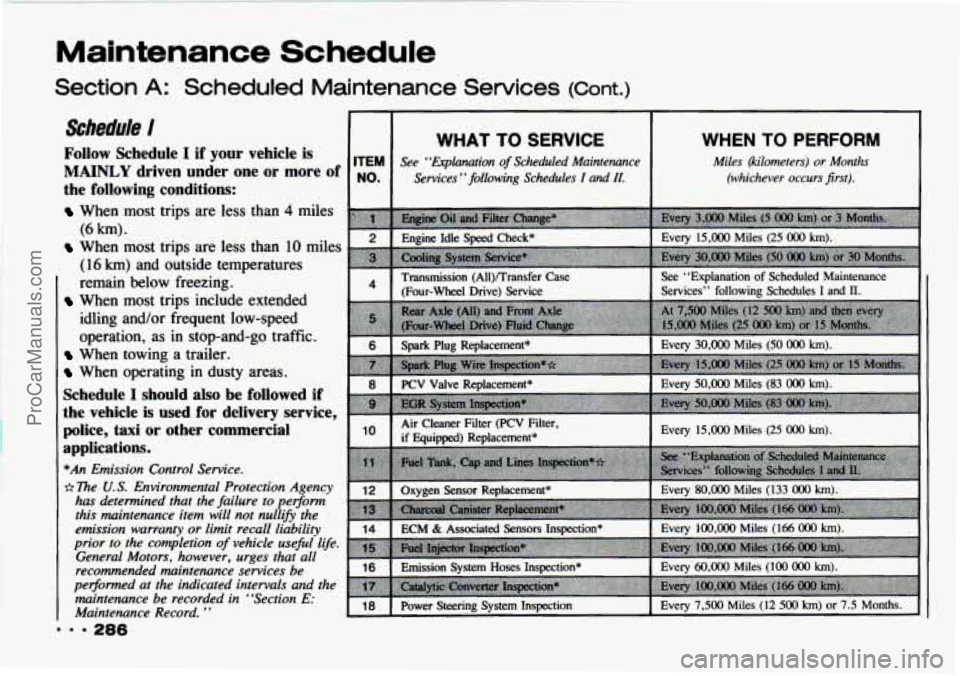 CHEVROLET TRACKER 1993 Owners Manual Maintenance Schedule
Section A: Scheduled Maintenance Services (Cont.)
I
... 286
Schedule I
Follow Schedule I if your vehicle is
MAINLY driven under one or more of
the following cond CHEVROLET TRACKER 1993 Owners Manual Maintenance Schedule
Section A: Scheduled Maintenance Services (Cont.)
I
... 286
Schedule I
Follow Schedule I if your vehicle is
MAINLY driven under one or more of
the following cond