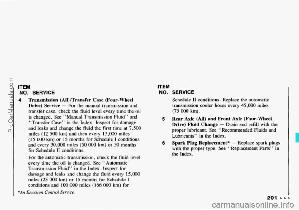 CHEVROLET TRACKER 1993  Owners Manual ITEM 
NO. SERVICE 
4 Transmission  (AlI)/Transfer  Case (Four-wheel 
Drive)  Service 
- For  the  manual  transmission  and 
transfer  case, check  the  fluid  level  every 
time the oil 
is  changed.