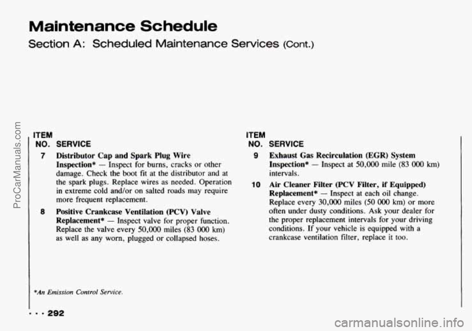CHEVROLET TRACKER 1993  Owners Manual Maintenance Schedule 
Section A: Scheduled  Maintenance  Services (Cont.) 
ITEM 
NO. SERVICE 
7 Distributor  Cap and Spark  Plug  Wire 
Inspection* 
- Inspect  for  burns,  cracks  or other 
damage. C