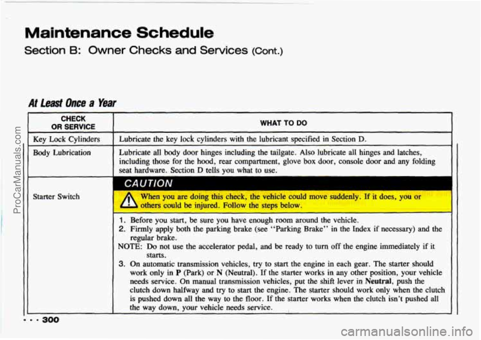 CHEVROLET TRACKER 1993  Owners Manual Maintenance Schedule 
Section B: Owner Checks and Services (Cont.) 
.r 
Body Lubrication  Lubricate all body door hinges  including  the  tailgate.  Also  lubricate all hinges  and latches, 
including