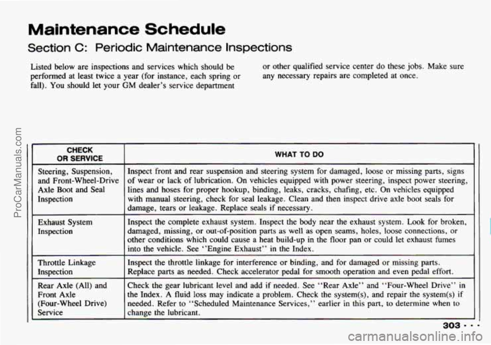 CHEVROLET TRACKER 1993  Owners Manual Maintenance  Schedule 
Section C: Periodic  Maintenance  Inspections 
Listed  below are inspections  and services  which  should  be 
performed at  least twice  a year  (for instance,  each spring  or
