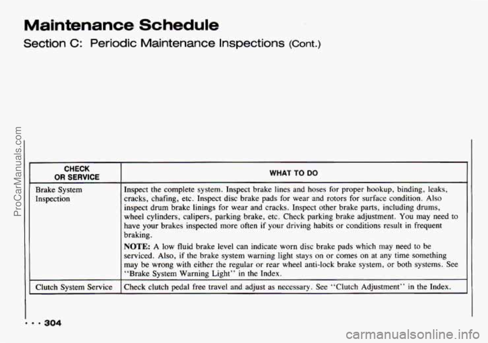 CHEVROLET TRACKER 1993  Owners Manual Maintenance Schedule 
Section C: Periodic  Maintenance  Inspections (Cont.) 
CHECK 
OR SERVICE 
Brake  System 
Inspection 
Clutch  System  Service 
~ 
WHAT  TO DO 
Inspect the complete  system.  Inspe