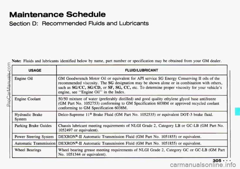 CHEVROLET TRACKER 1993  Owners Manual Maintenance  Schedule 
Section D: Recommended  Fluids  and  Lubricants 
Note: Fluids and lubricants identified  below by name,  part  number  or specification  may  be  obtained  from your  GM  dealer