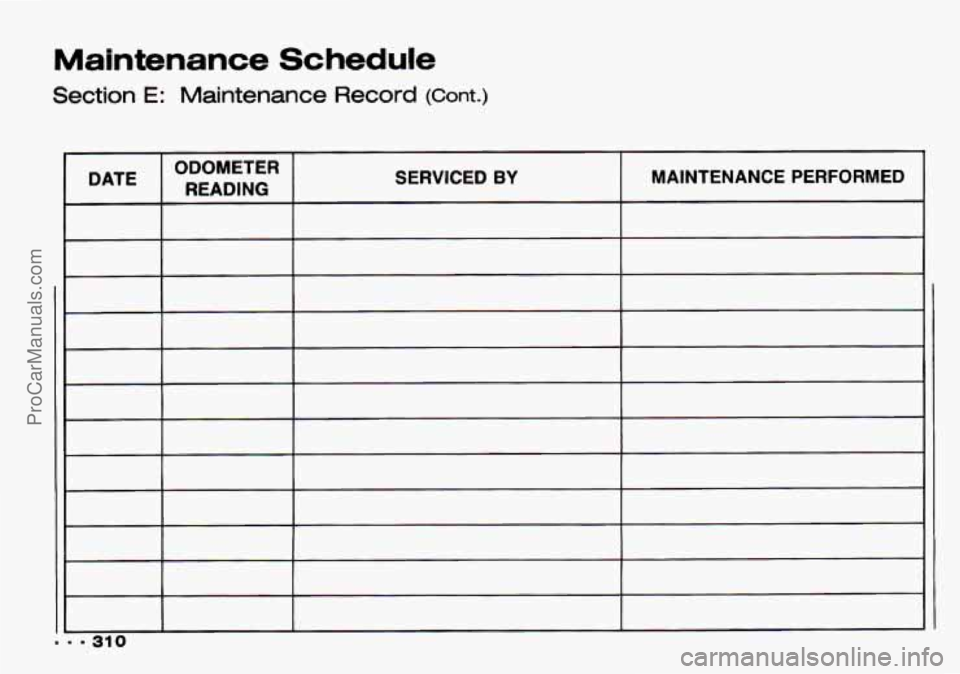 CHEVROLET TRACKER 1993 Owners Manual Maintenance Schedule
Section E: Maintenance Record (Cont.)
ProCarManuals.com CHEVROLET TRACKER 1993 Owners Manual Maintenance Schedule
Section E: Maintenance Record (Cont.)
ProCarManuals.com