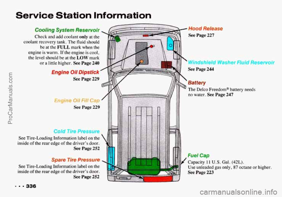 CHEVROLET TRACKER 1993 Owners Manual Service Station Information
Cooling System Reservoir
Check and add coolant only at the
coolant recovery tank. The fluid should
be at the
FULL mark when the
engine
is warm. If the e CHEVROLET TRACKER 1993 Owners Manual Service Station Information
Cooling System Reservoir
Check and add coolant only at the
coolant recovery tank. The fluid should
be at the
FULL mark when the
engine
is warm. If the e
