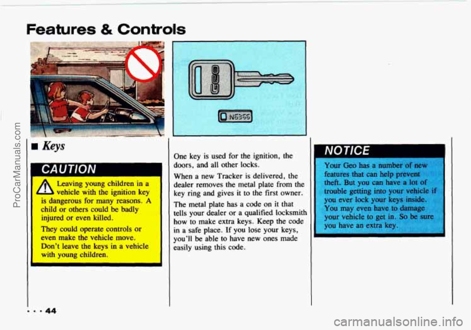 CHEVROLET TRACKER 1993 Service Manual Features & Controls 
1 I Keys 
Leaving  young children in a 
vehicle  with  the  ignition  key 
I 
is  dangerous  for many  reasons. A 
child or others  could be badly 
injured  or even  killed. 
They
