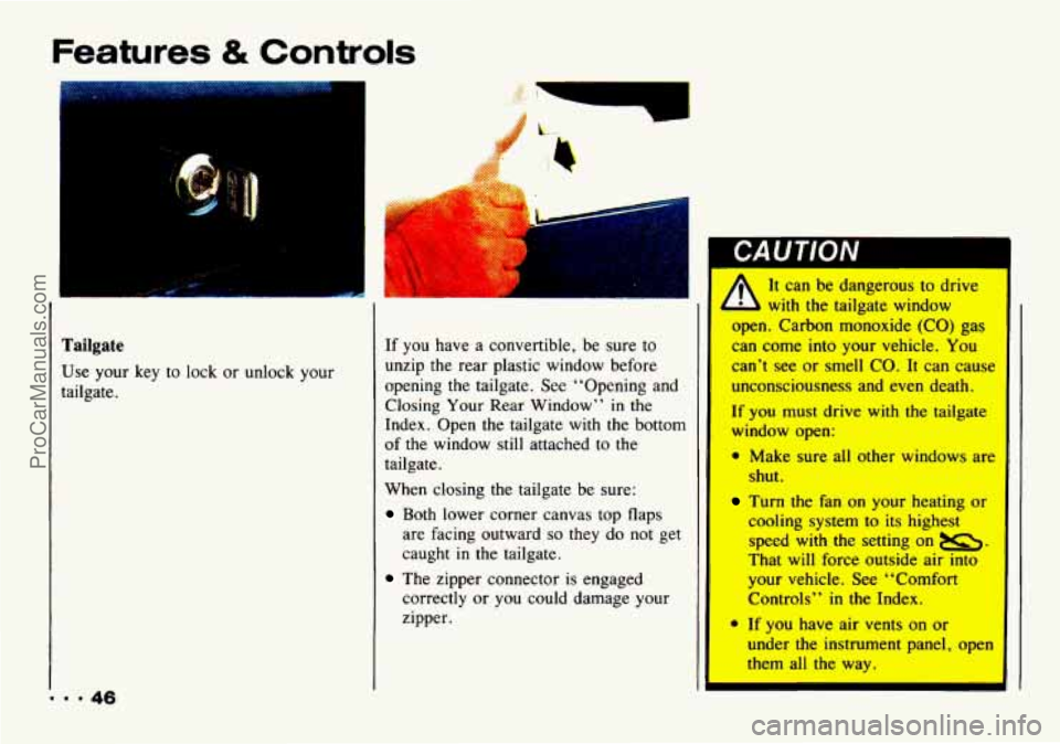CHEVROLET TRACKER 1993 Service Manual Features & Controls 
Tailgate 
Use  your  key  to  lock or unlock  your 
tailgate. 
If  you  have  a convertible,  be sure  to 
unzip 
the rear  plastic  window  before 
opening 
the tailgate.  See  