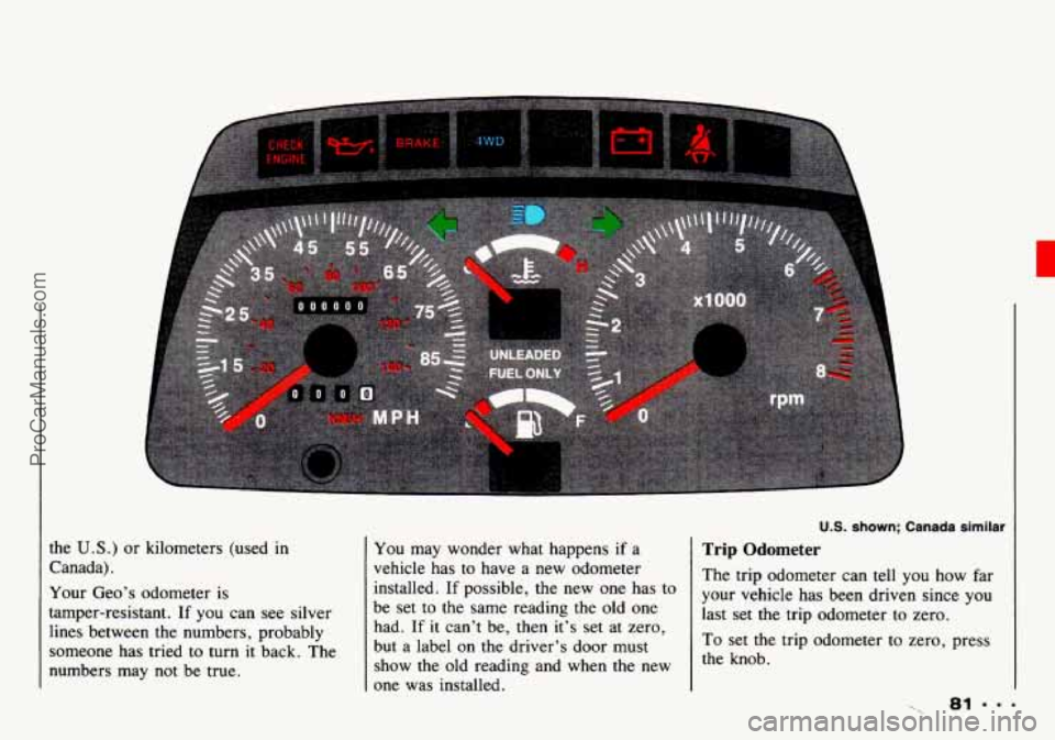 CHEVROLET TRACKER 1993 Manual Online the U.S.) or kilometers (used in
Canada).
Your Geo’s odometer is
tamper-resistant. If you can see silver
lines between the numbers, probably
someone has tried to turn
it back. The CHEVROLET TRACKER 1993 Manual Online the U.S.) or kilometers (used in
Canada).
Your Geo’s odometer is
tamper-resistant. If you can see silver
lines between the numbers, probably
someone has tried to turn
it back. The