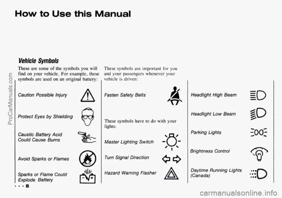 CHEVROLET TRACKER 1993  Owners Manual How to Use this Manual 
Vehicle Symbols 
These are some of the symbols you will 
find on  your  vehicle.  For example, these 
symbols  are used 
on an original battery: 
Caution  Possible  injury 
Pro