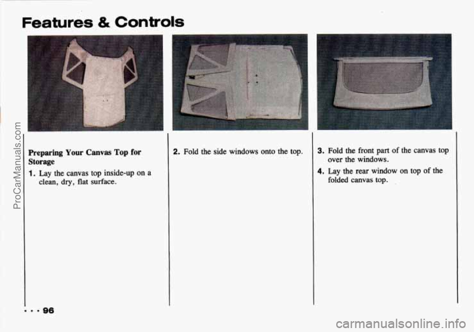 CHEVROLET TRACKER 1993  Owners Manual I 
1 
Features & Controls 
Preparing  Your Canvas Top for 
Storage 
1. Lay  the  canvas  top  inside-up  on a 
clean, dry, flat surface. 
... 96 
2. Fold the  side  windows  onto the  top. 3. Fold the