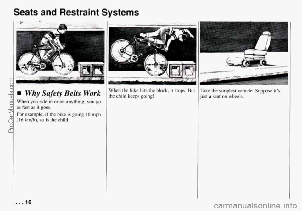 CHEVROLET TRACKER 1994 User Guide Seats and Restraint Systems 
Why Safety  Belts Work 
When  you  ride in or on  anything,  you go 
as fast  as it goes. 
For example, if the  bike is going 10 mph 
( 16 km/h), so is the child. 
. . .I6