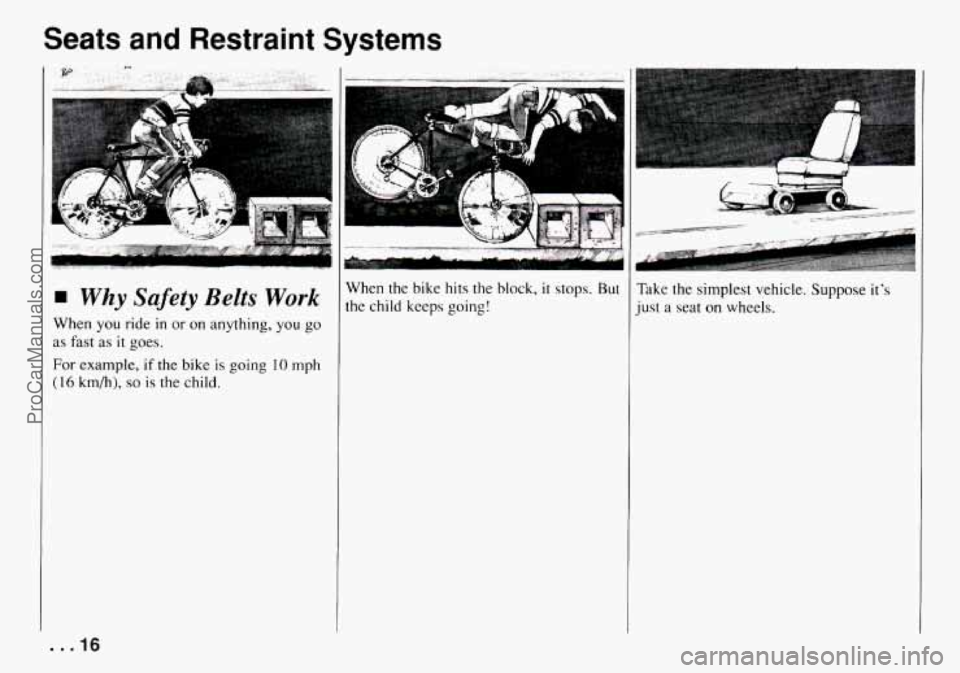 CHEVROLET TRACKER 1994  Owners Manual Seats and Restraint Systems 
Why Safety  Belts Work 
When  you  ride in or on  anything,  you go 
as fast  as it goes. 
For example, if the  bike is going 10 mph 
( 16 km/h), so is the child. 
. . .I6