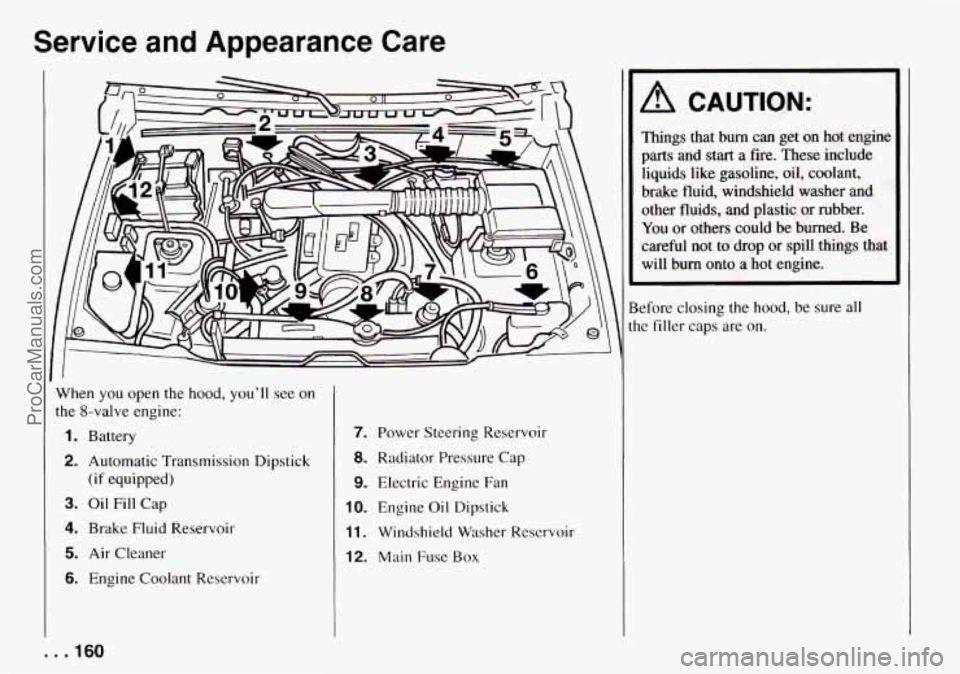 CHEVROLET TRACKER 1994  Owners Manual Service  and  Appearance  Care 
6% CAUTION: 
When  you open the  hood,  you’ll see on 
the 8-valve engine: 
1. Battery 
2. Automatic Transmission Dipstick 
3. Oil Fill Cap 
4. Brake Fluid Reservoir 