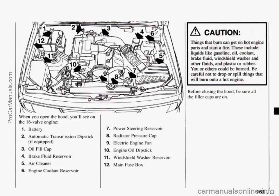 CHEVROLET TRACKER 1994  Owners Manual When  you  open  the hood, you’ll see on 
the  16-valve engine: 
1. Battery 
2. Automatic Transmission  Dipstick 
3. Oil  Fill Cap 
4. Brake  Fluid  Reservoir 
5. Air Cleaner 
6. Engine Coolant  Res