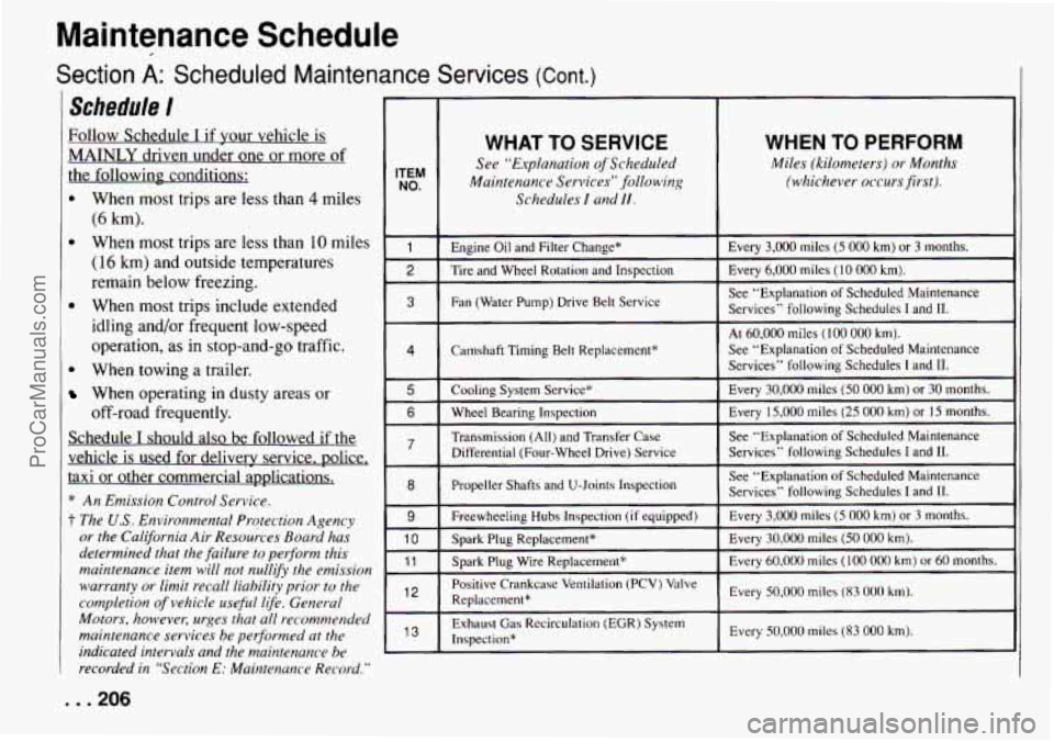 CHEVROLET TRACKER 1994 Owners Manual Maintenance Schedule
Section A: Scheduled Maintenance Services (Cont.)
Schedule l
Follow Schedule I if your vehicle is
MAINLY driven under one or more of
the following conditions:
e
a
CHEVROLET TRACKER 1994 Owners Manual Maintenance Schedule
Section A: Scheduled Maintenance Services (Cont.)
Schedule l
Follow Schedule I if your vehicle is
MAINLY driven under one or more of
the following conditions:
e
a