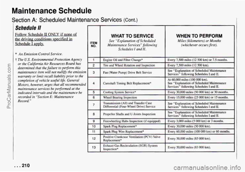 CHEVROLET TRACKER 1994  Owners Manual Maintenance Schedule 
S ection A: Scheduled  Maintenance  Services (Cant.) 
Schedule 11 
Follow  Schedule I1 ONLY if none of 
the  drivinp  conditions  specified  in 
Schedule 
I apply. 
* An Emission