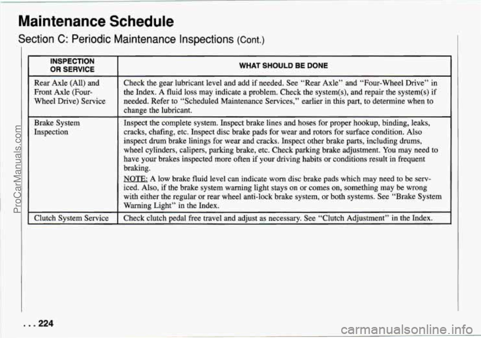 CHEVROLET TRACKER 1994 Owners Manual Maintenance Schedule 
Section C: Periodic Maintenance  Inspections (cont.) 
INSPECTION 
OR SERVICE 
Rear Axle (All) and 
Front  Axle  (Four- 
Wheel Drive)  Service 
Brake System 
Inspection 
Clutch Sy