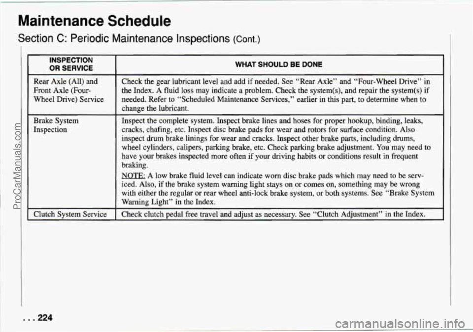 CHEVROLET TRACKER 1994  Owners Manual Maintenance Schedule 
Section C: Periodic Maintenance  Inspections (cont.) 
INSPECTION 
OR SERVICE 
Rear Axle (All) and 
Front  Axle  (Four- 
Wheel Drive)  Service 
Brake System 
Inspection 
Clutch Sy