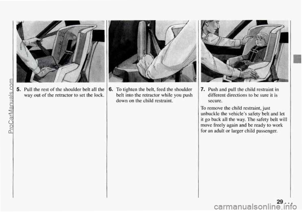 CHEVROLET TRACKER 1994 Owners Manual 1 
5. Pull the rest  of  the  shoulder  belt all the 
way  out of the retractor  to  set  the  lock. 6. To tighten the belt, feed  the shoulder 
belt  into  the retractor  while  you  push 
down  on t