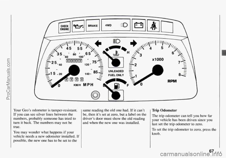CHEVROLET TRACKER 1994 Repair Manual x1 000 
- 
dl 
RPM 
Your Geo’s  odometer is tamper-resistant. I same reading  the  old  one had. If it can’t I Trip Odometer 
If  you  can see silver lines  between the 
your vehicle has  been dri