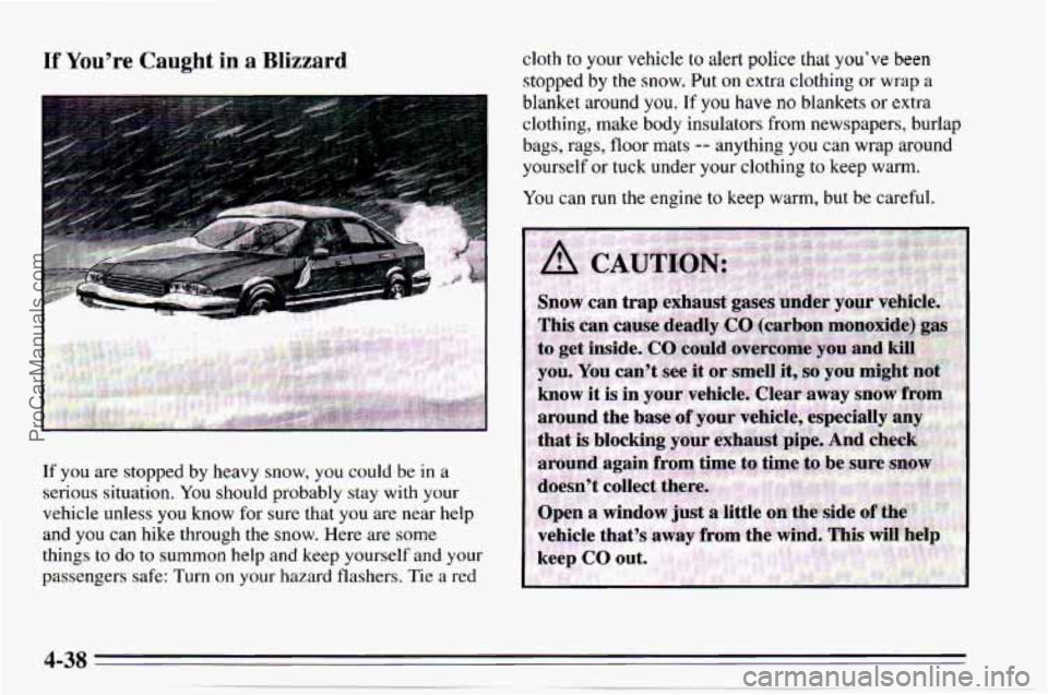 CHEVROLET TRACKER 1995 Owners Guide If You’re Caught in a Blizzard cloth to your  vehicle to alert police that you’ve  been 
stopped by the snow.  Put on extra clothing or wrap  a 
blanket  around 
you. If you have no blankets or ex