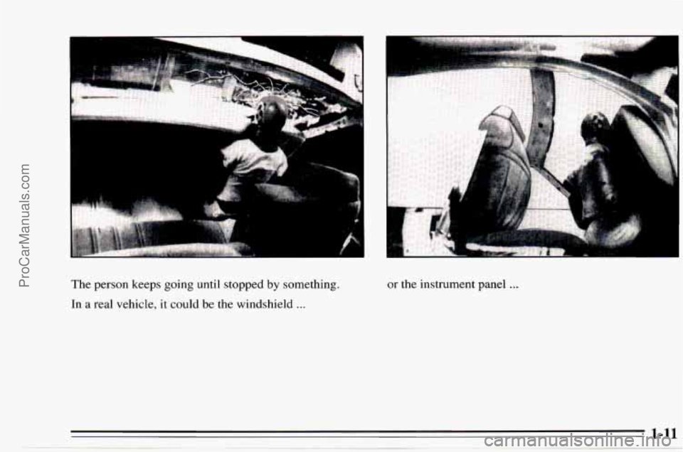 CHEVROLET TRACKER 1995 User Guide The person  keeps going until stopped by something. 
In  a real  vehicle,  it could 
be the windshield ... 
or the instrument  panel ... 
ProCarManuals.com 