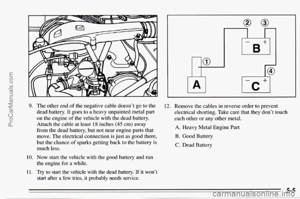 CHEVROLET TRACKER 1995 Service Manual IA (-c+l 
9. 
10. 
11. 
The  other end of the  negative  cable  doesnt  go  to the 
dead  battery. It  goes to a heavy unpainted  metal part 
on  the  engine 
of the  vehicle  with the  dead  battery