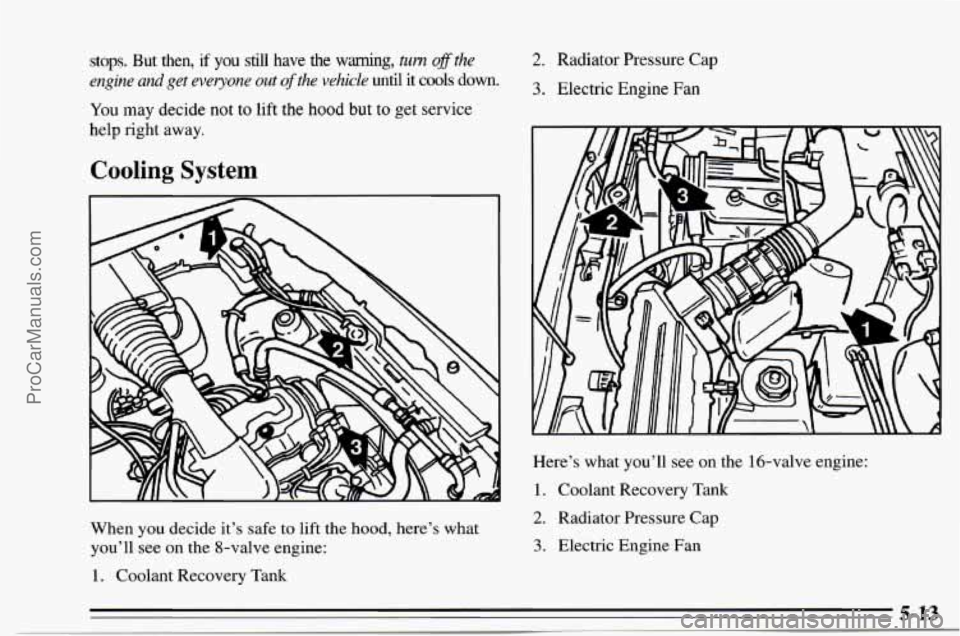 CHEVROLET TRACKER 1995 Owners Manual stops. But then, if you still have the warning, turn ofthe
engine
and get everyone out of the vehicle until it cools down.
You may decide not to lift the hood but to get service
help rig CHEVROLET TRACKER 1995 Owners Manual stops. But then, if you still have the warning, turn ofthe
engine
and get everyone out of the vehicle until it cools down.
You may decide not to lift the hood but to get service
help rig