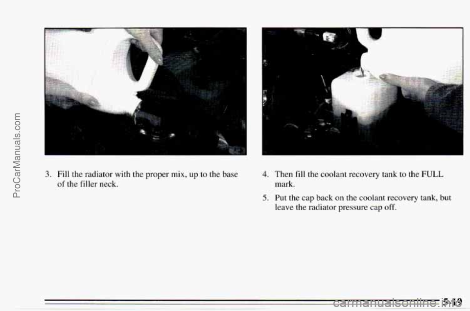 CHEVROLET TRACKER 1995  Owners Manual .. ... ., . ,. 
... . .. .. 
I I 
3. Fill the radiator with the proper mix, up to the base 
of  the  filler  neck. 
1 
4. Then fill the coolant  recovery  tank to the FULL 
mark. 
5. Put the cap back 