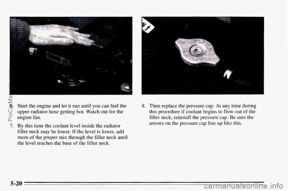 CHEVROLET TRACKER 1995  Owners Manual 6. Start the engine  and  let it run until you can feel the 
upper  radiator  hose getting  hot.  Watch out for the 
engine  fan. 
7. By  this  time the coolant  level inside  the  radiator 
filler  n