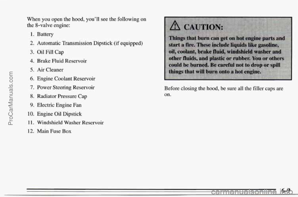 CHEVROLET TRACKER 1995 Owners Manual When you open the hood, you’ll see the following on
the 8-valve engine:
1. Battery
2. Automatic Transmission Dipstick (if equipped)
3. Oil Fill Cap
4. Brake Fluid Reservoir
5. Air CHEVROLET TRACKER 1995 Owners Manual When you open the hood, you’ll see the following on
the 8-valve engine:
1. Battery
2. Automatic Transmission Dipstick (if equipped)
3. Oil Fill Cap
4. Brake Fluid Reservoir
5. Air