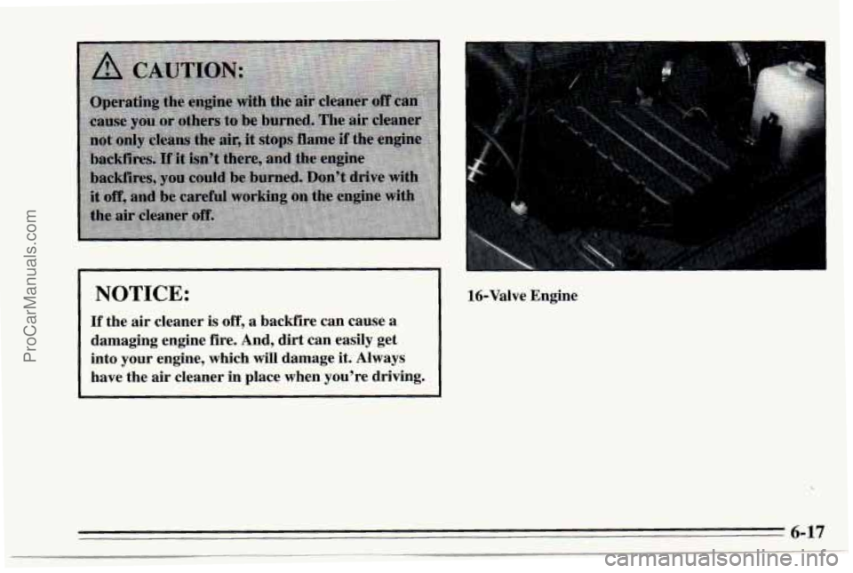 CHEVROLET TRACKER 1995 Owners Manual NOTICE:
If the air cleaner is off, a backfire can cause a
damaging engine fire. And, dirt can easily get
into your engine, which will damage it. Always
have the air cleaner CHEVROLET TRACKER 1995 Owners Manual NOTICE:
If the air cleaner is off, a backfire can cause a
damaging engine fire. And, dirt can easily get
into your engine, which will damage it. Always
have the air cleaner