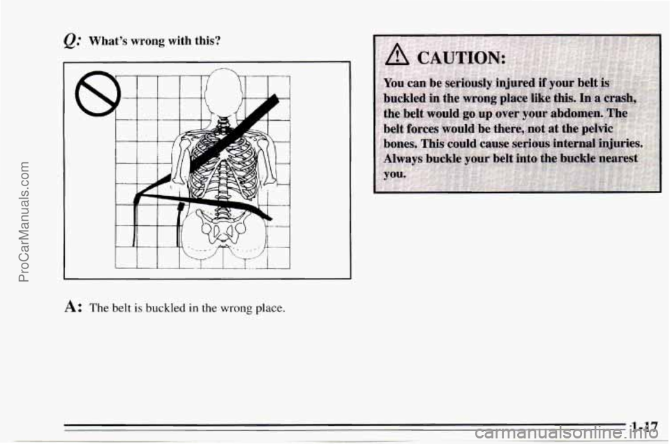 CHEVROLET TRACKER 1995 Owners Manual What’s wrong with  this? 
A: The belt is buckled in the wrong place. 
ProCarManuals.com 