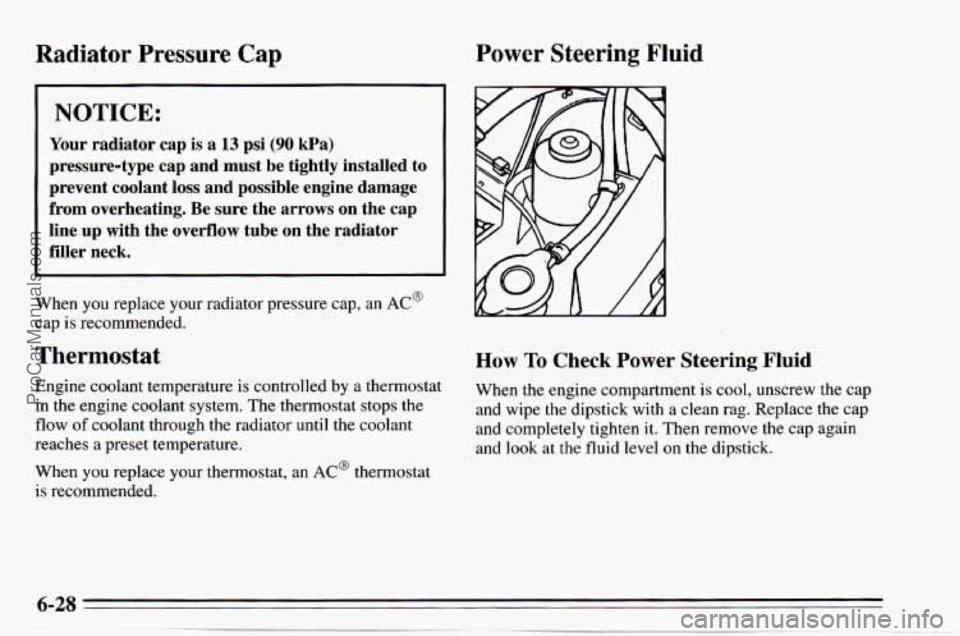 CHEVROLET TRACKER 1995 User Guide Radiator Pressure Cap Power Steering Fluid
I NOTICE:
Your radiator cap is a 13 psi (90 kPa)
pressure-type cap and must be tightly installed to
prevent coolant
loss and possible engine CHEVROLET TRACKER 1995 User Guide Radiator Pressure Cap Power Steering Fluid
I NOTICE:
Your radiator cap is a 13 psi (90 kPa)
pressure-type cap and must be tightly installed to
prevent coolant
loss and possible engine
